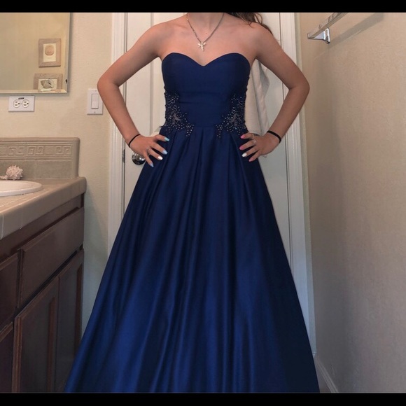 blue strapless long prom dress